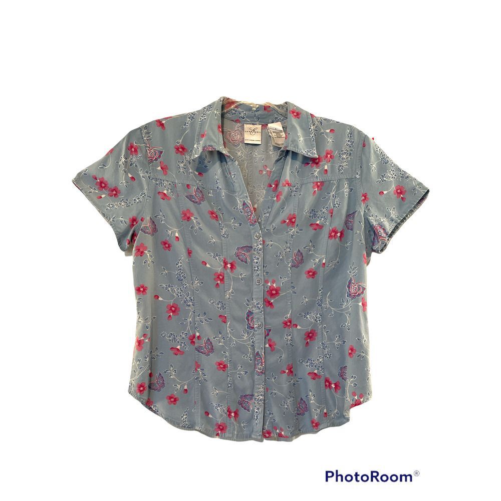 EMMA James blue rayon button-down butterfly blouse size 8